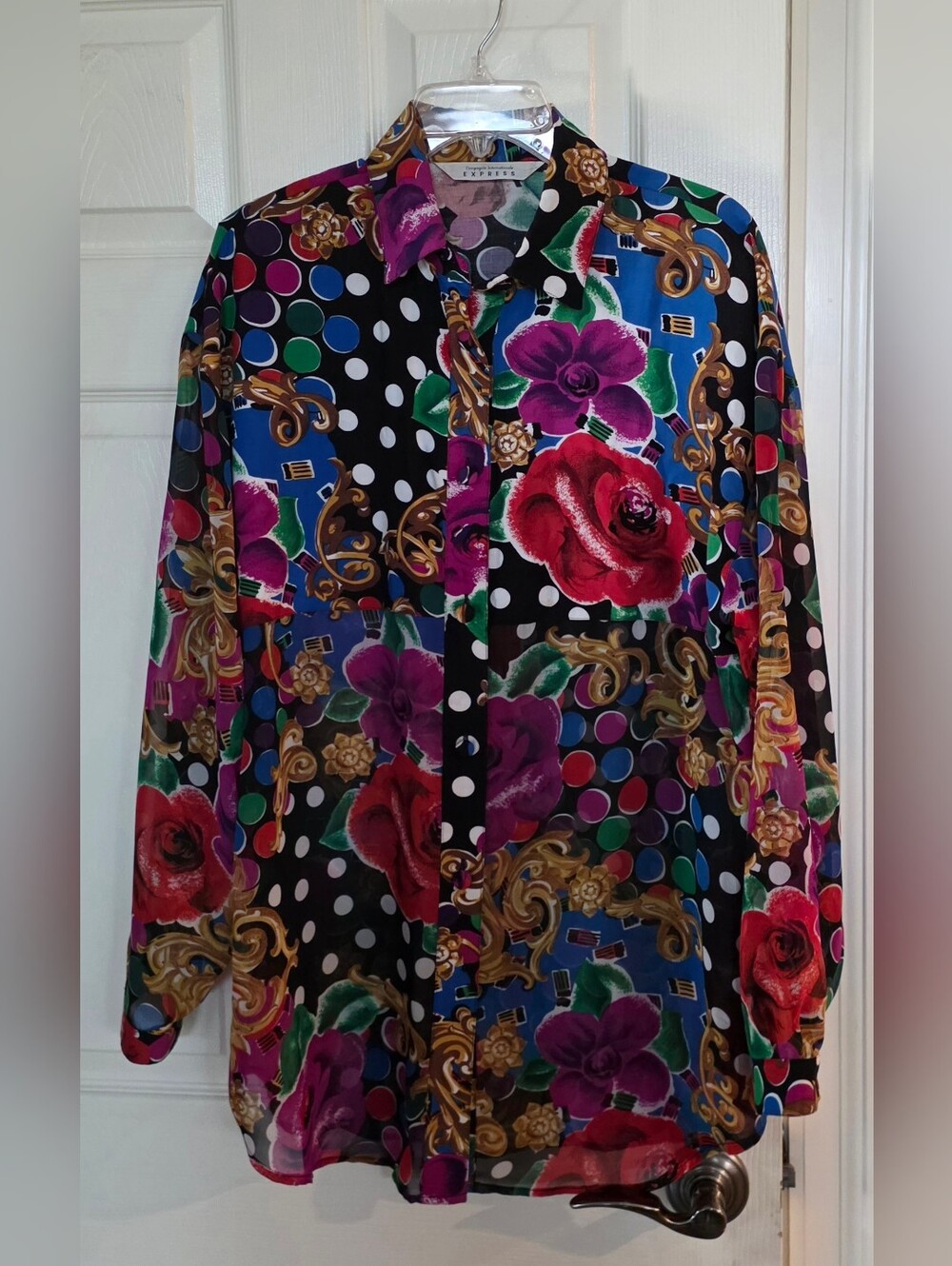 Compagnie Internationale Express Button Floral Sheer Long Sleeve Shirt Large
